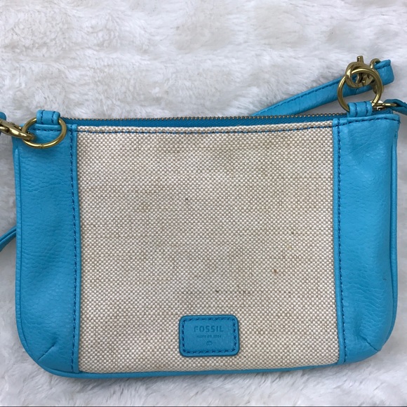 Fossil Blue Tan Canvas Crossbody Purse Handbag - Picture 2 of 8